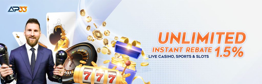 Promotional banner for AP33 featuring a suited man, casino elements like cards, roulette wheel, coins, and a 1.5% unlimited instant rebate offer.