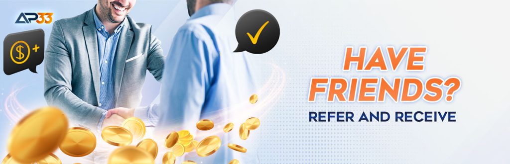 Two smiling men shaking hands with golden coins floating around them, promoting AP33's referral rewards program.