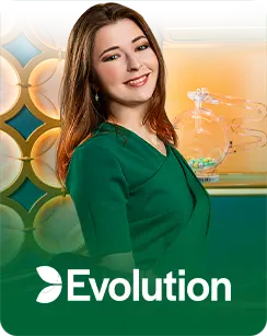 A smiling female live dealer dressed in green standing in front of a stylish casino backdrop, with the Evolution logo displayed prominently at the bottom.