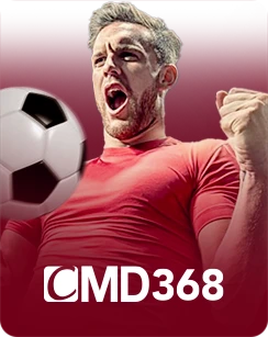 Excited man in red shirt cheering with a soccer ball and CMD368 logo