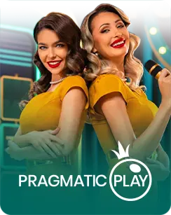 Two smiling female hosts in yellow dresses, one holding a microphone, standing in a vibrant live game show setting with the Pragmatic Play logo at the bottom.