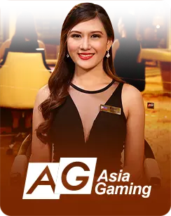 A professional female live dealer in a black dress smiling confidently in a luxurious casino setting, with the Asia Gaming (AG) logo at the bottom.