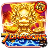 Slot game icon for "7 Dragons" featuring a fierce golden dragon, vibrant flames, clouds, and the text “Wild 40x” and “576 Ways” on a red and blue background.