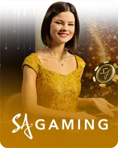 A smiling female live dealer in a golden dress, seated in an elegant gaming studio, with the SA Gaming logo at the bottom.