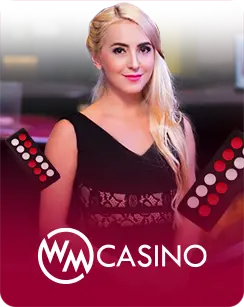 A blonde female live dealer in a black dress standing confidently with betting chips and roulette boards surrounding her, set against a magenta-toned casino background with the WM Casino logo.