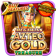 Slot game icon for “Aztec Gold Treasure” featuring a smiling Aztec warrior princess, golden temple backdrop, and labels like “Megawins,” “Buy Features,” and “Progressive Multiplier.”