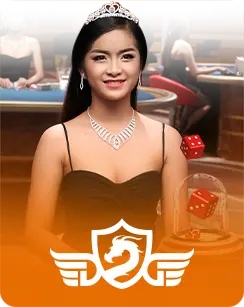 A poised female live dealer wearing a tiara and necklace, seated at a casino table with dice equipment in the background, overlaid with the Dragon Gaming logo.