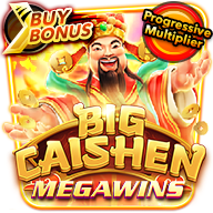 Slot game icon for “Big Caishen Megawins” featuring a joyful Caishen (Chinese God of Wealth) surrounded by gold coins, with tags for “Buy Bonus” and “Progressive Multiplier.”