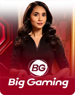 A confident female live dealer in a black outfit standing in an elegant red-toned casino studio, with the Big Gaming (BG) logo displayed below.