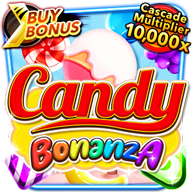 Slot game icon for “Candy Bonanza” featuring colorful candies, a giant ice cream, and vibrant text with “Buy Bonus” and “Cascade Multiplier 10,000x” badges.