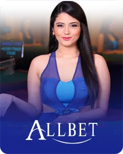 A female live dealer in a blue outfit standing confidently at a gaming table, with a blurred casino background and the Allbet logo at the bottom.