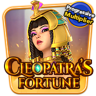 Slot game icon for “Cleopatra’s Fortune” featuring a regal Cleopatra with golden attire and headpiece, along with a “Progressive Multiplier” label.