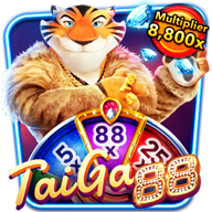 Slot game icon for “TaiGa 88” featuring a cheerful anthropomorphic tiger in a fur coat holding diamonds, with a colorful multiplier wheel showing up to 8,800x.