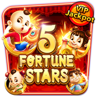 Slot game icon for “5 Fortune Stars” featuring five playful cartoon characters on a red background, with sparkling gold elements and a “VIP Jackpot” label.