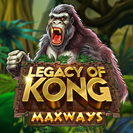 Slot game icon for “Legacy of Kong Maxways” featuring a roaring gorilla in a jungle setting, with bold golden text and a fierce, action-packed vibe.