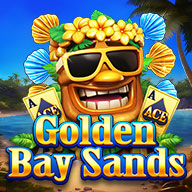 Slot game icon for “Golden Bay Sands” featuring a smiling tiki idol wearing sunglasses and a flower crown, surrounded by playing cards, flowers, and a tropical beach backdrop.