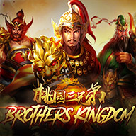 Slot game icon for “Brothers Kingdom” featuring three legendary Chinese warrior brothers in ornate armor, with golden Chinese calligraphy and bold English title beneath.