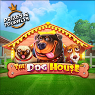 Slot game icon for “The Dog House” featuring three cheerful cartoon dogs inside a doghouse, set in a sunny backyard with a “Prizes & Journeys” badge.