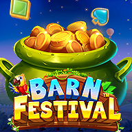Slot game icon for “Barn Festival” featuring a large pot filled with gold coins, colorful symbols floating around, and a bright wooden sign with a parrot perched on top.