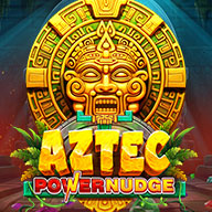 Slot game icon for “Aztec PowerNudge” featuring a golden Aztec mask with glowing eyes and intricate carvings, surrounded by jungle plants and colorful lettering.