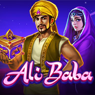 Slot game icon for “Ali Baba” featuring a richly dressed man in a golden turban holding a jeweled treasure box, with a mysterious woman in purple behind him under a starlit sky.
