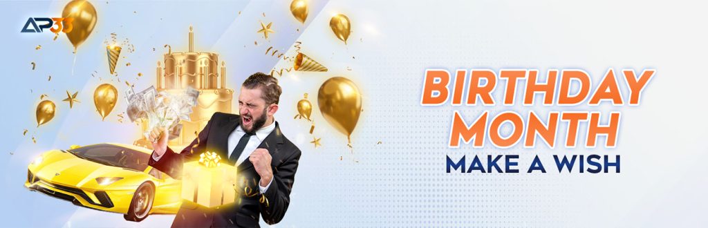A cheerful man in a suit celebrating with a gift box, golden balloons, diamonds, and a sports car in the background, promoting AP33's birthday month reward.