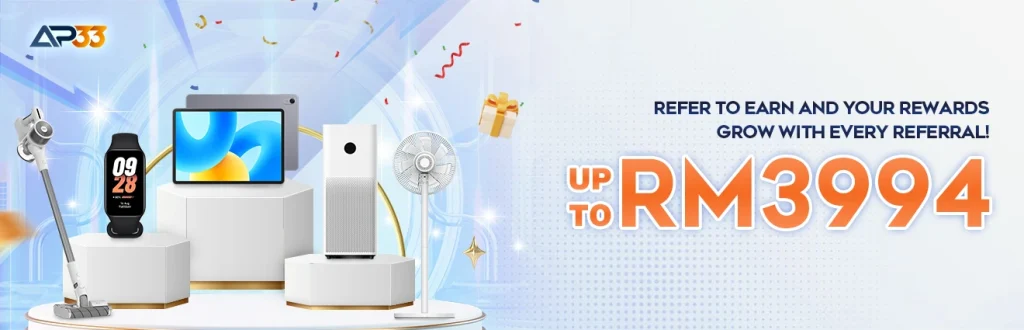 Assorted tech gadgets on podiums with text "Up to RM3994" and AP33 branding in a referral reward promotion.