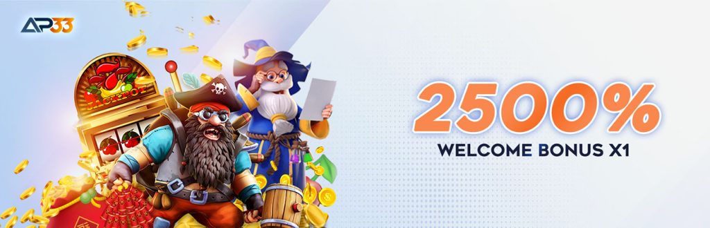 Animated pirate and wizard celebrating next to a slot machine, highlighting AP33’s 2500% welcome bonus.