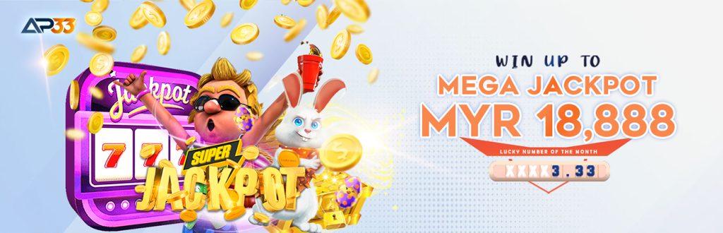 Cartoon characters celebrating in front of a jackpot slot machine with gold coins flying, promoting a MYR18,888 Mega Jackpot.