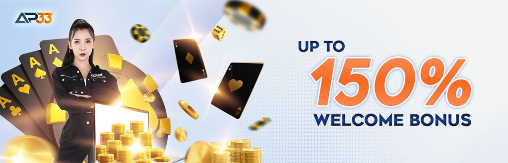 Female promoter in black uniform standing confidently beside floating playing cards and gold coins, promoting AP33's 150% welcome bonus.