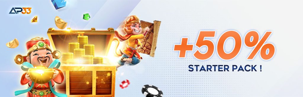 Cartoon characters celebrating next to a glowing treasure chest with gold coins, promoting AP33's 50% starter pack bonus.