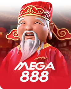 Smiling Chinese god of wealth character in traditional red attire featured in MEGA888 by AP33 slot game graphic.