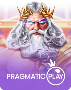 Zeus with glowing blue eyes and a golden laurel crown, featured in a Pragmatic Play promotional banner by AP33.