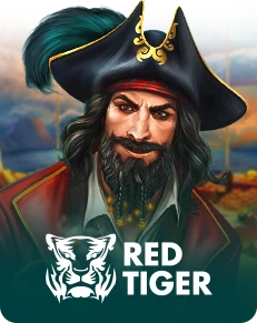 Pirate-themed promotional AP33 slot game image featuring a bearded pirate in a red coat and feathered hat with the Red Tiger logo at the bottom.