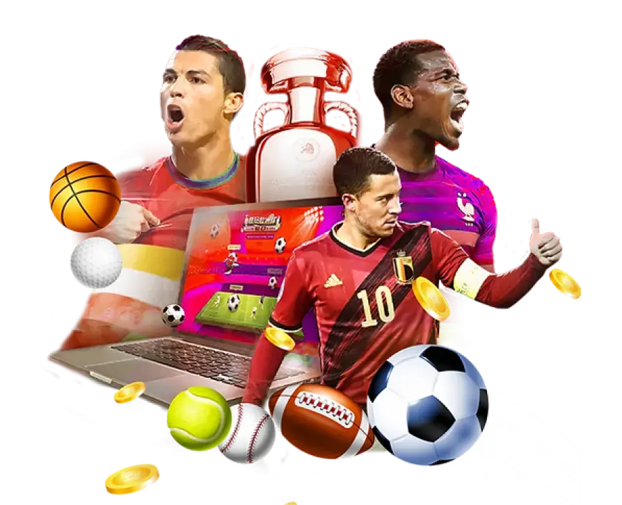Three famous football players with various sports balls, coins, and a laptop showing a sports betting interface.