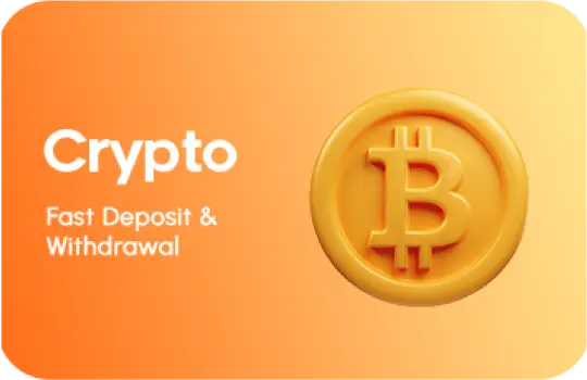 Golden Bitcoin symbol on a gradient orange background with text promoting fast crypto deposit and withdrawal services.