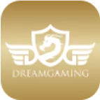 Dream Gaming logo with a gold background and white dragon emblem inside a shield