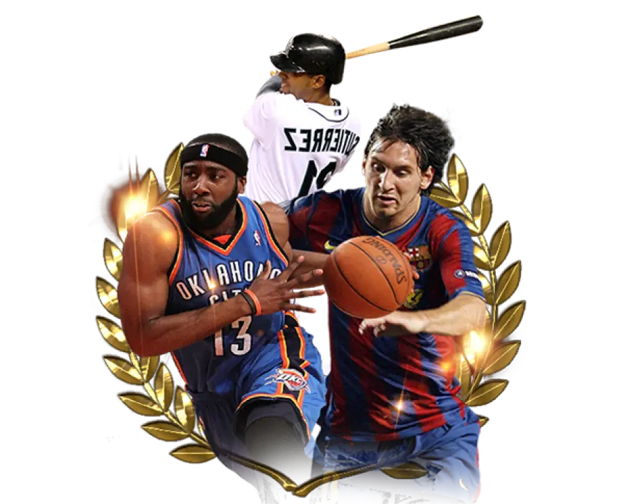 Collage of athletes from basketball, soccer, and baseball with a golden laurel background.
