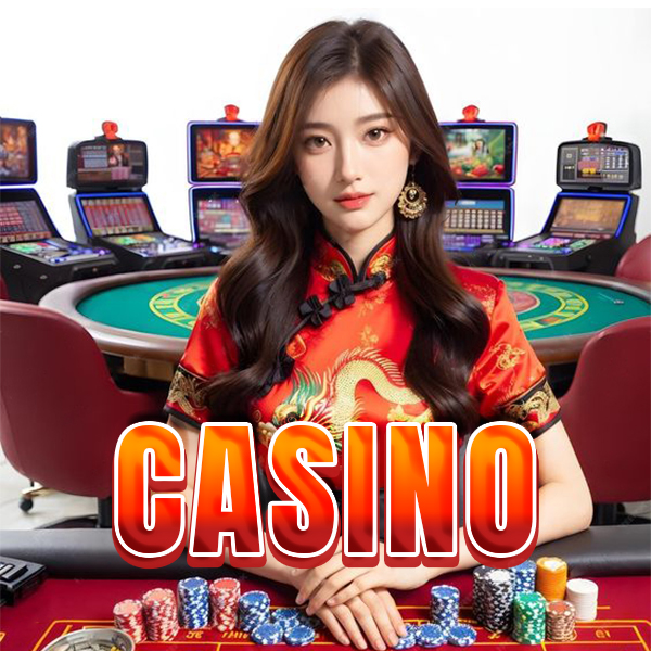 A female live dealer in a red traditional outfit standing behind a casino table with chips and cards, with slot machines in the background and the bold label “CASINO.”