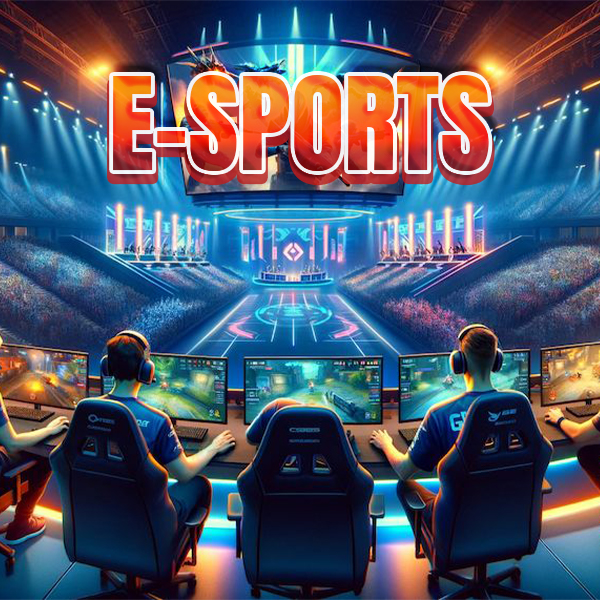 A vibrant esports arena with players at gaming setups, facing large screens and a packed audience, with bold red “E-SPORTS” text at the top.