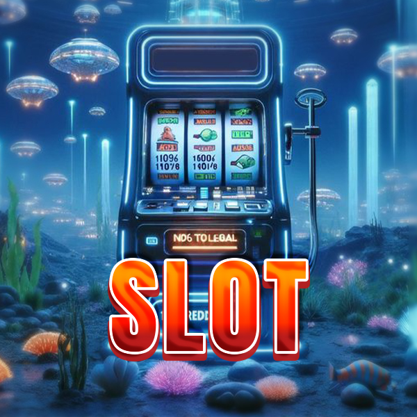 A glowing slot machine in a futuristic underwater setting surrounded by coral and floating lights, with bold red text that reads “SLOT.”