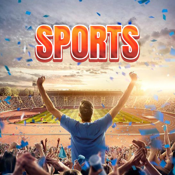 A cheering crowd in a packed stadium with a fan raising their arms in excitement, confetti flying, and bold red “SPORTS” text across the top.