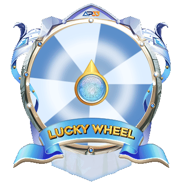 A shining silver and blue lucky wheel framed with ornate details and labeled “Lucky Wheel” at the bottom.