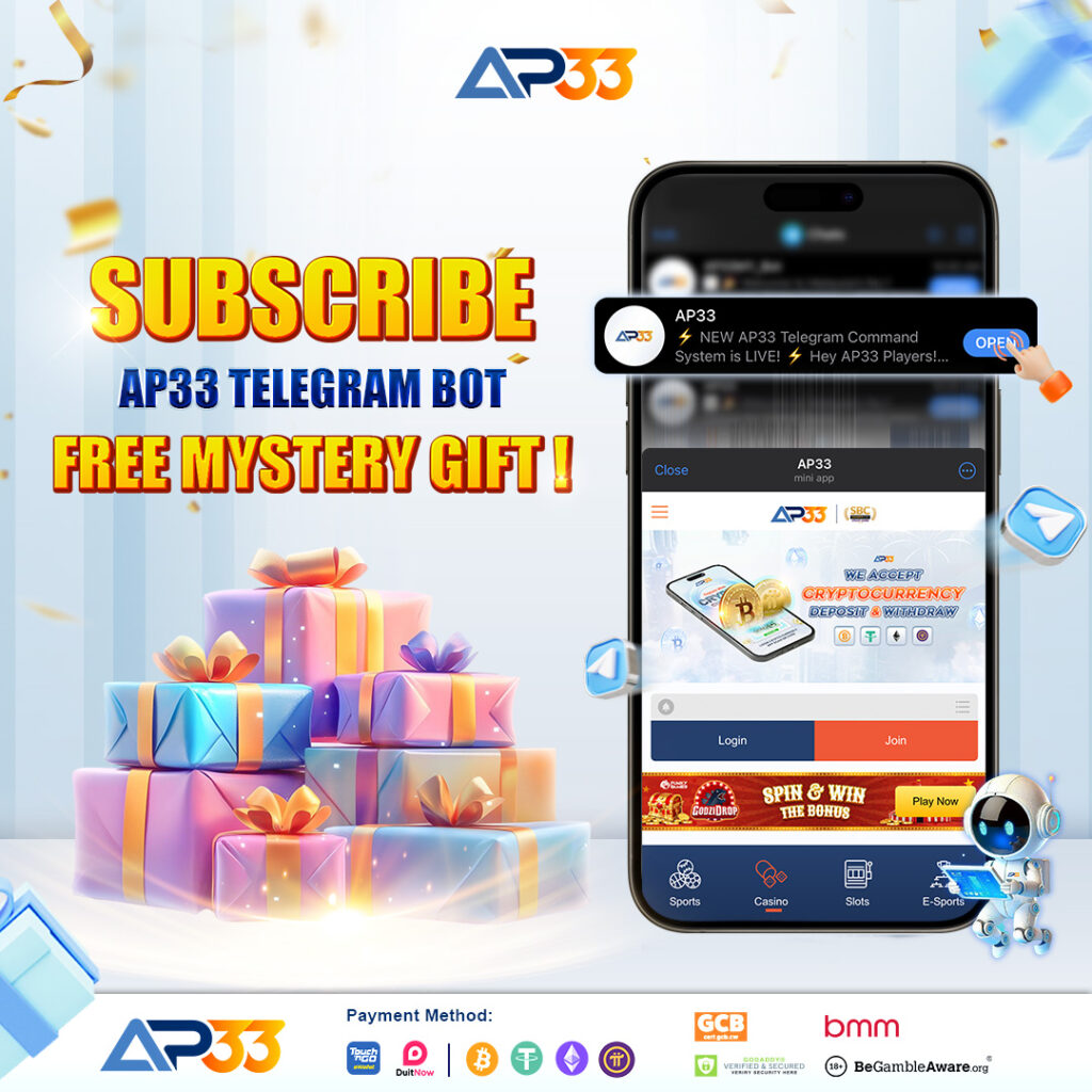 Promotional banner for AP33 Telegram Bot featuring a smartphone app preview, colorful gift boxes, and text offering a free mystery gift for subscribers.