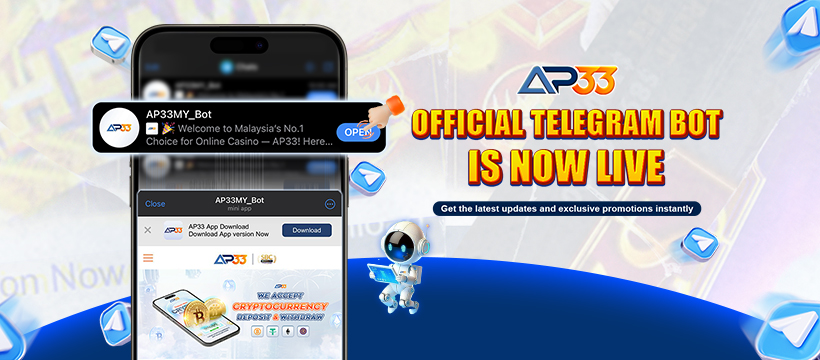 AP33 official Telegram bot announcement banner showcasing the mobile app interface, robot mascot, and bold text highlighting that the bot is now live.